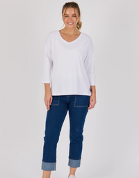 V-Neck 3/4 Sleeve Top-Optic White