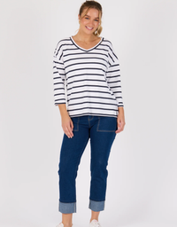 V-Neck 3/4 Sleeve Top-White/Navy Stripe