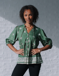 Button Front Border Print Blouse-Khaki