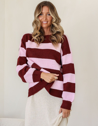 Brady Bunch Stripe Knit-Wine/Pink