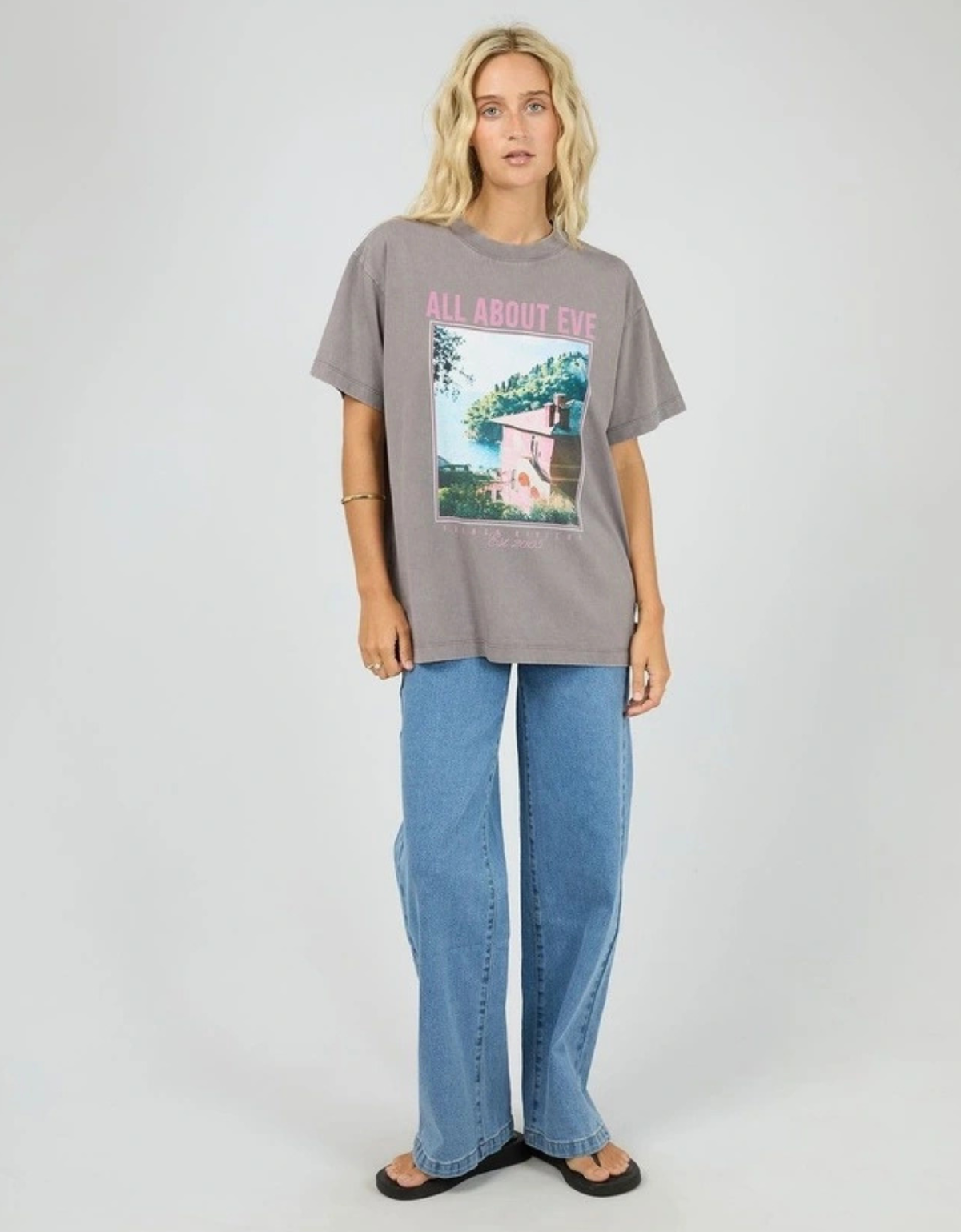 All About Eve Provence Relaxed Tee in Charcoal — side view on model

