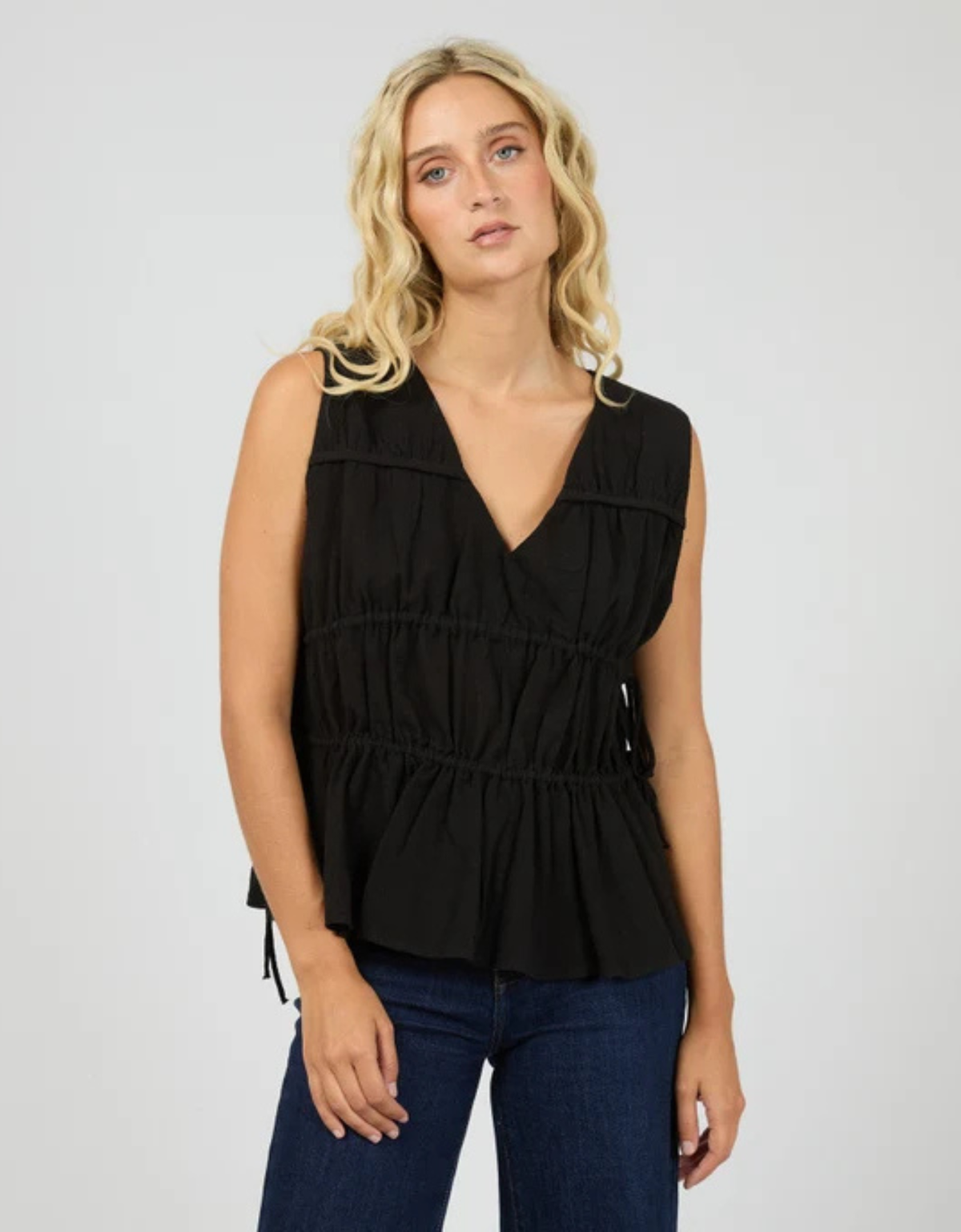 All About Eve Heidi Ruched Top in Black — front view on model