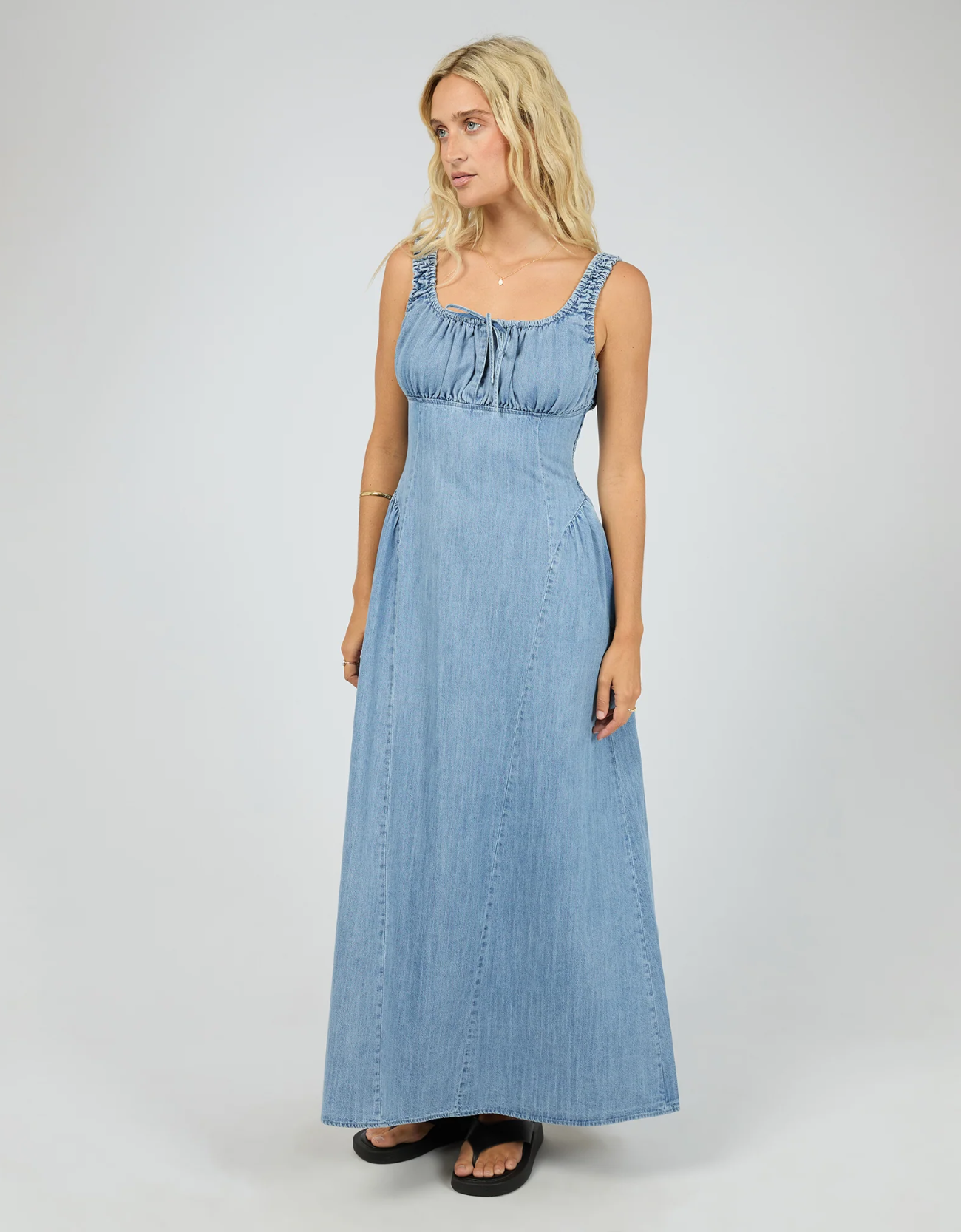 All About Eve Poppy Denim Dress Light Blue - Side View Maxi Length