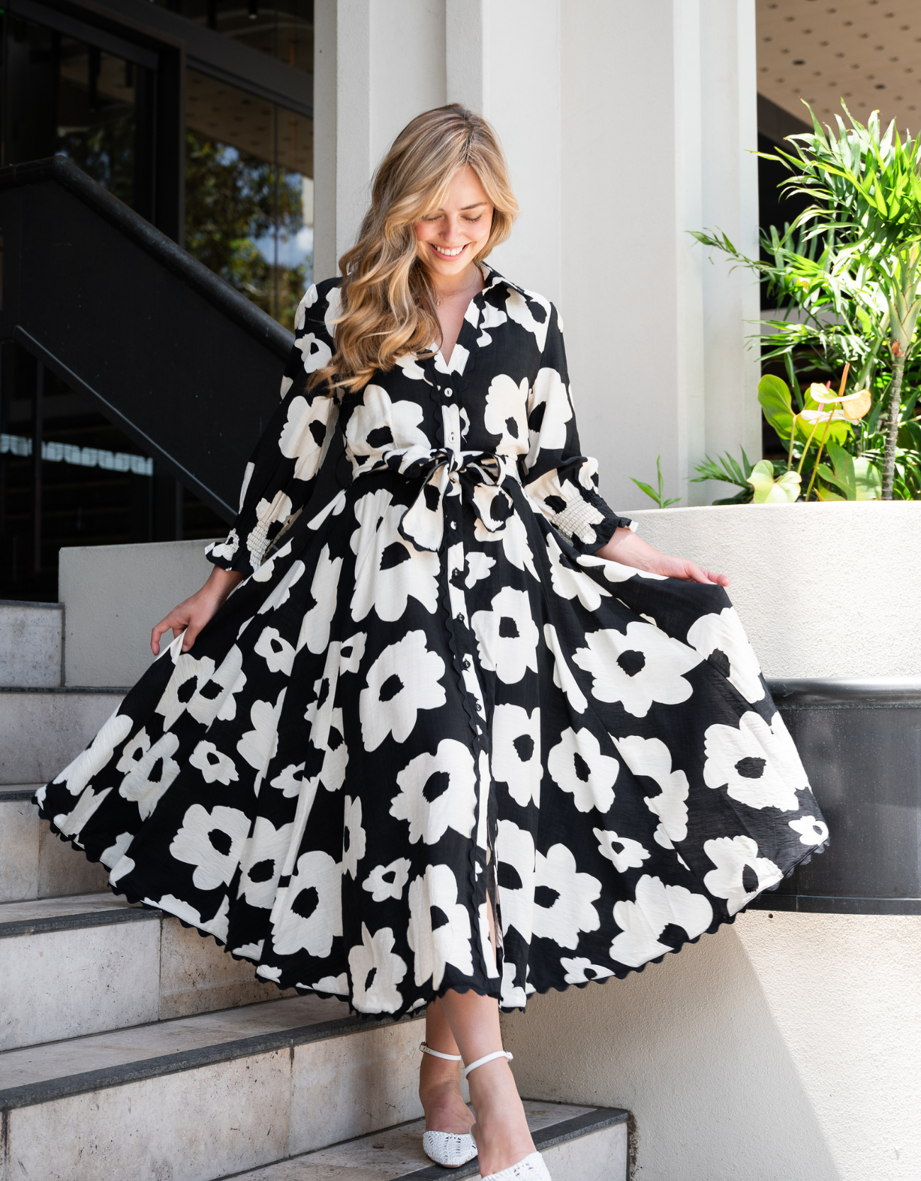 Godet Midi Dress-Black Poppy