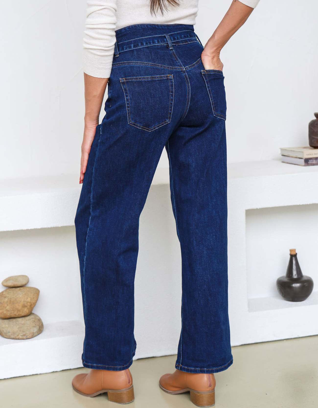 Georgia High Waist Belted Jeans-Indigo