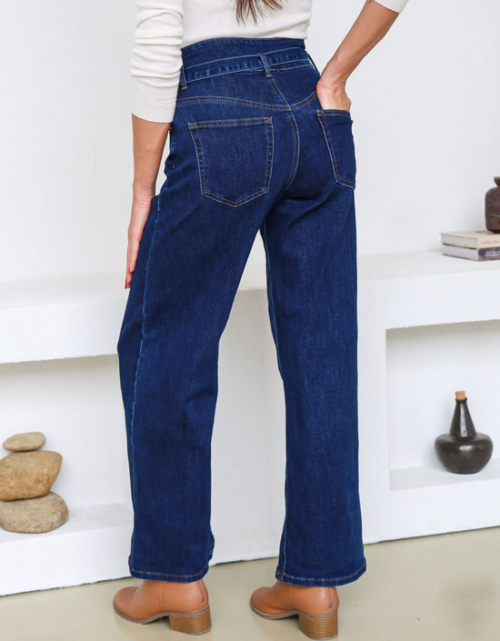 Georgia High Waist Belted Jeans-Indigo