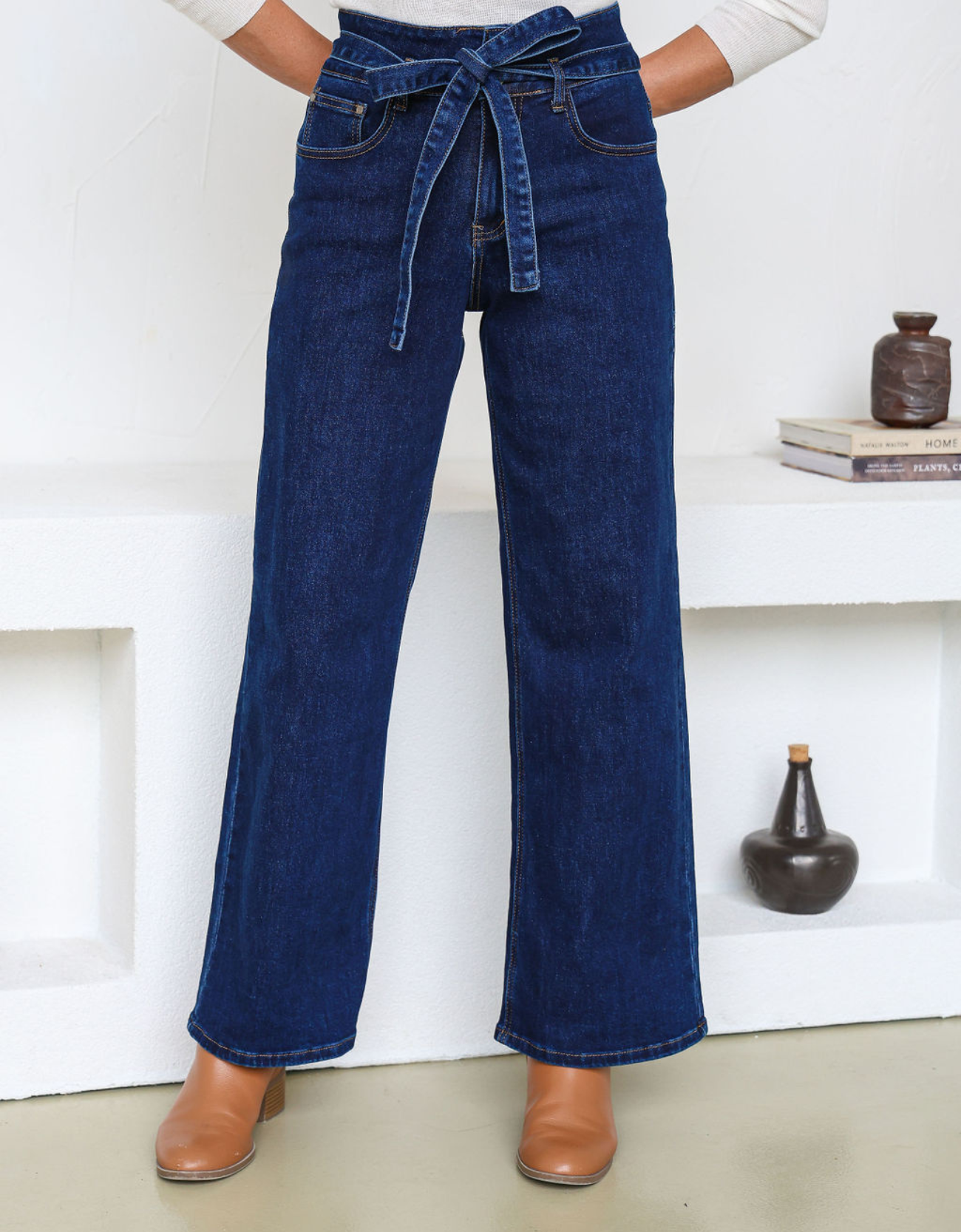 Georgia High Waist Belted Jeans-Indigo