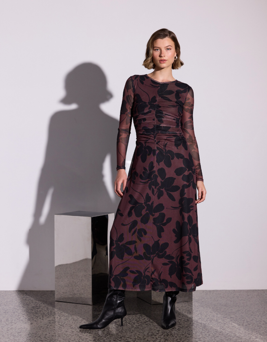 Olina Mesh Maxi Dress-Abstract Floral