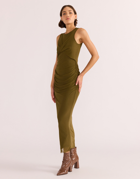Elodie Mesh Midi Dress- Khaki