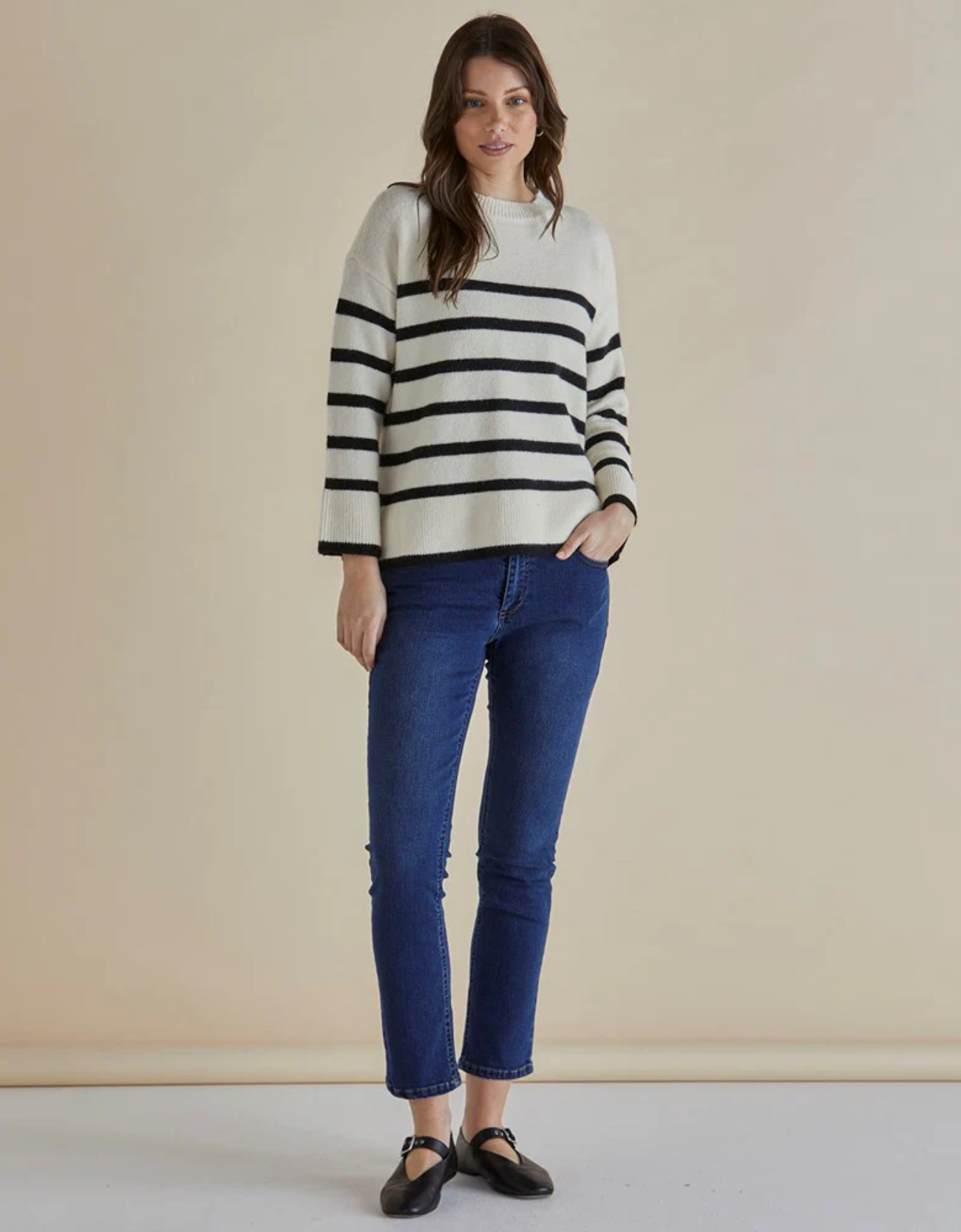 Edith Knit Jumper - cream with black stripe. Full view.