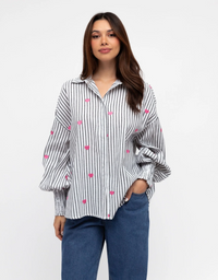 Heart Embroidery Shirt-Black Stripe