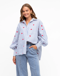 Heart Embroidery Shirt-Blue Stripe
