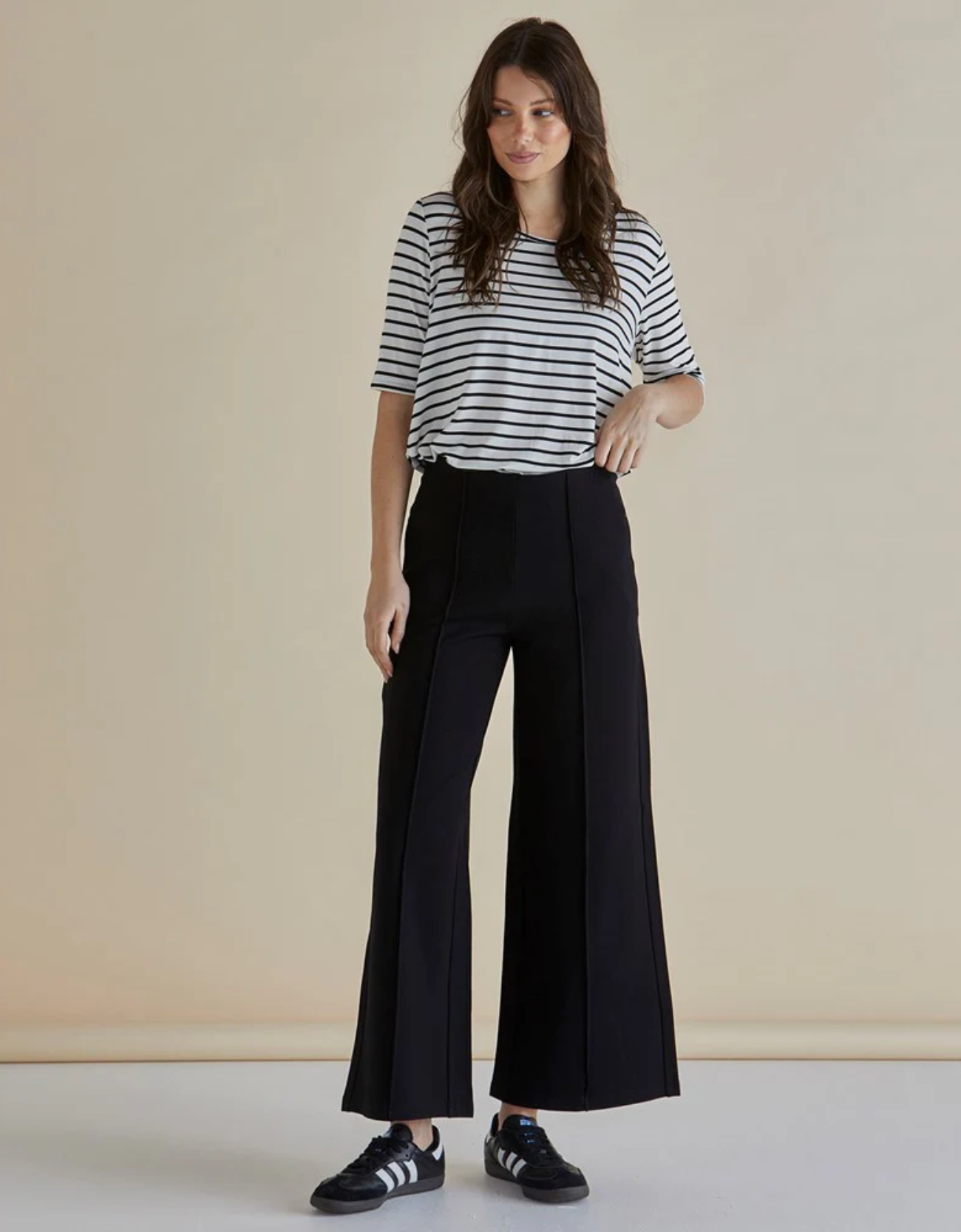 Elodie Wide Leg Pant - Black. Betty Basics. Flared Style.