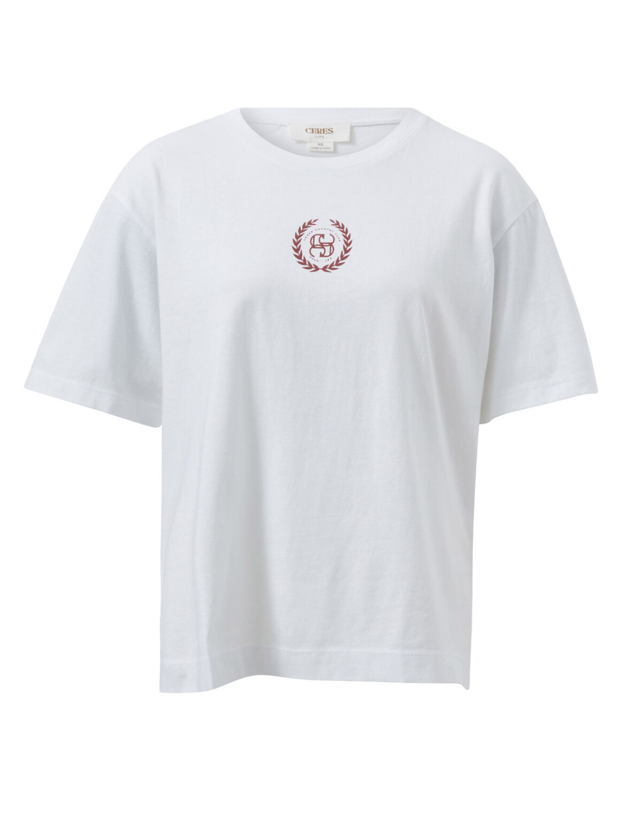 Slouchy Split Hem Tee-White/Burgandy Country Club Logo