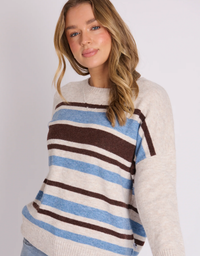 One Ten Willow Stripe Crew Neck Jumper-Blue Chocolate Stripe