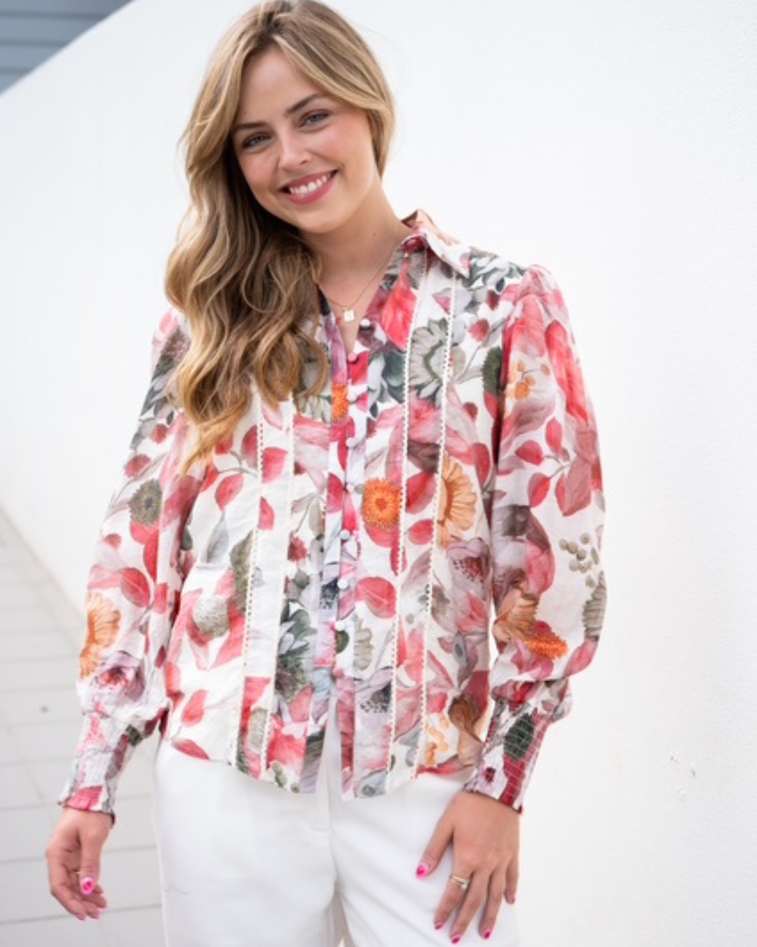 Dahlia Lace Trim Blouse-Red
