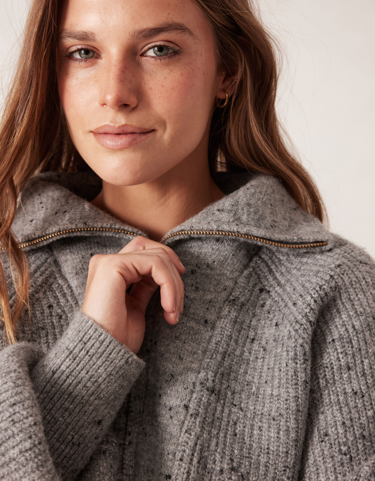 Slouchy Zip Knit-Mid Grey Nep