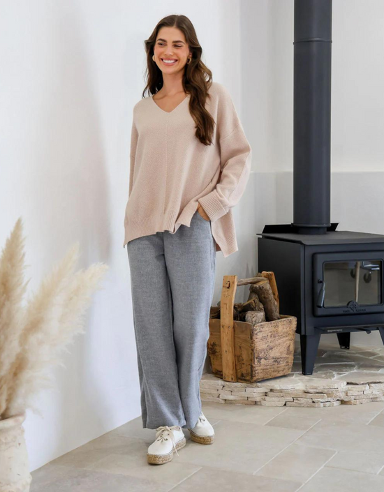 V-Neck Textured Sweater-Nude