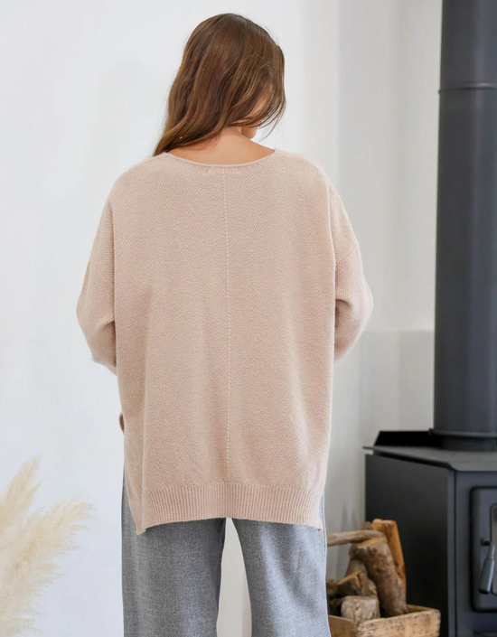V-Neck Textured Sweater-Nude