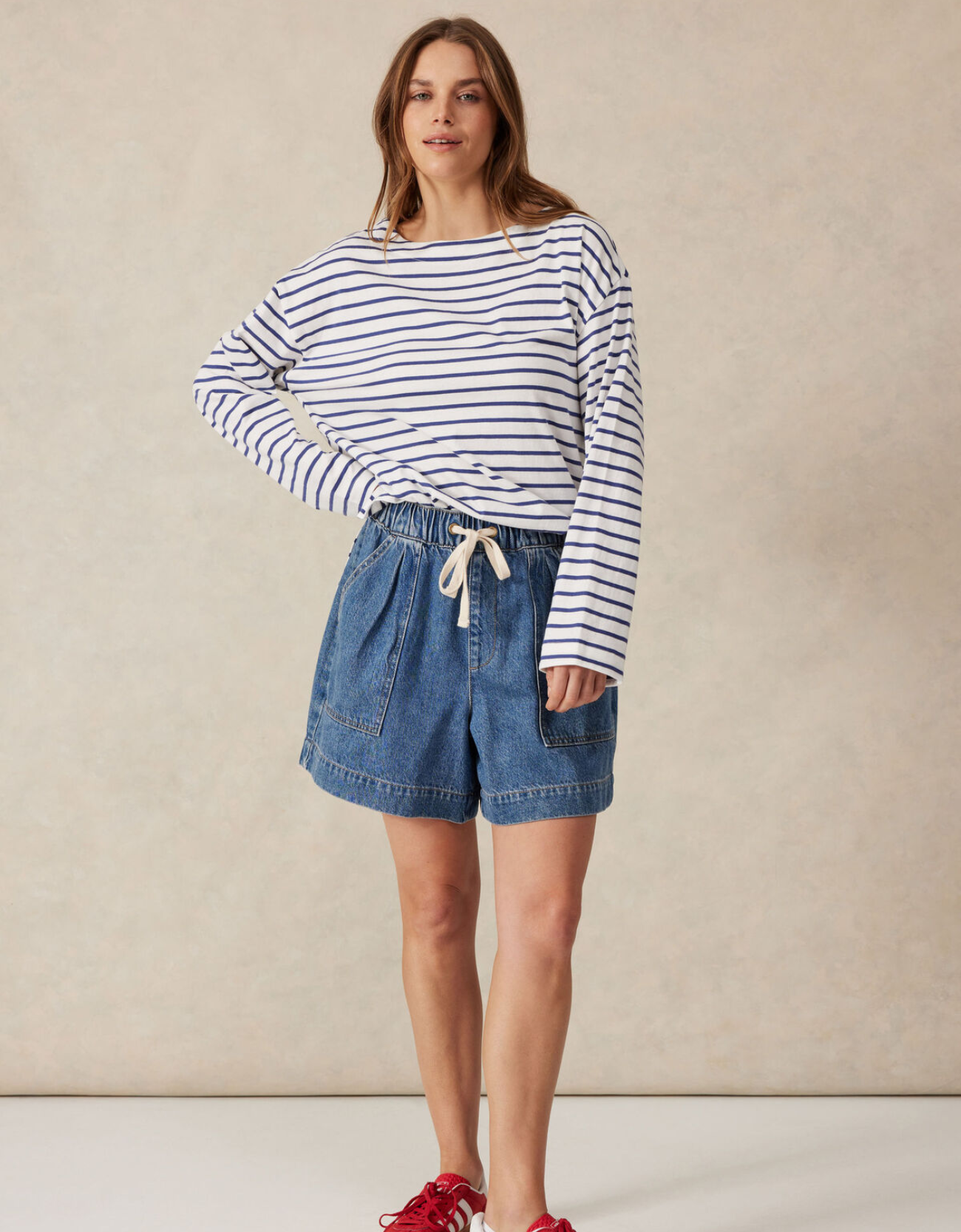 Slouchy Long Sleeve Boat Neck Tee - College Blue Stripe by Ceres Life.