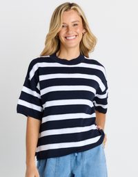 Betty Basics Libby Boxy Top in Navy Stripe – front cropped view, model in relaxed boxy fit cotton knit top with navy and white stripes, paired with blue jeans
