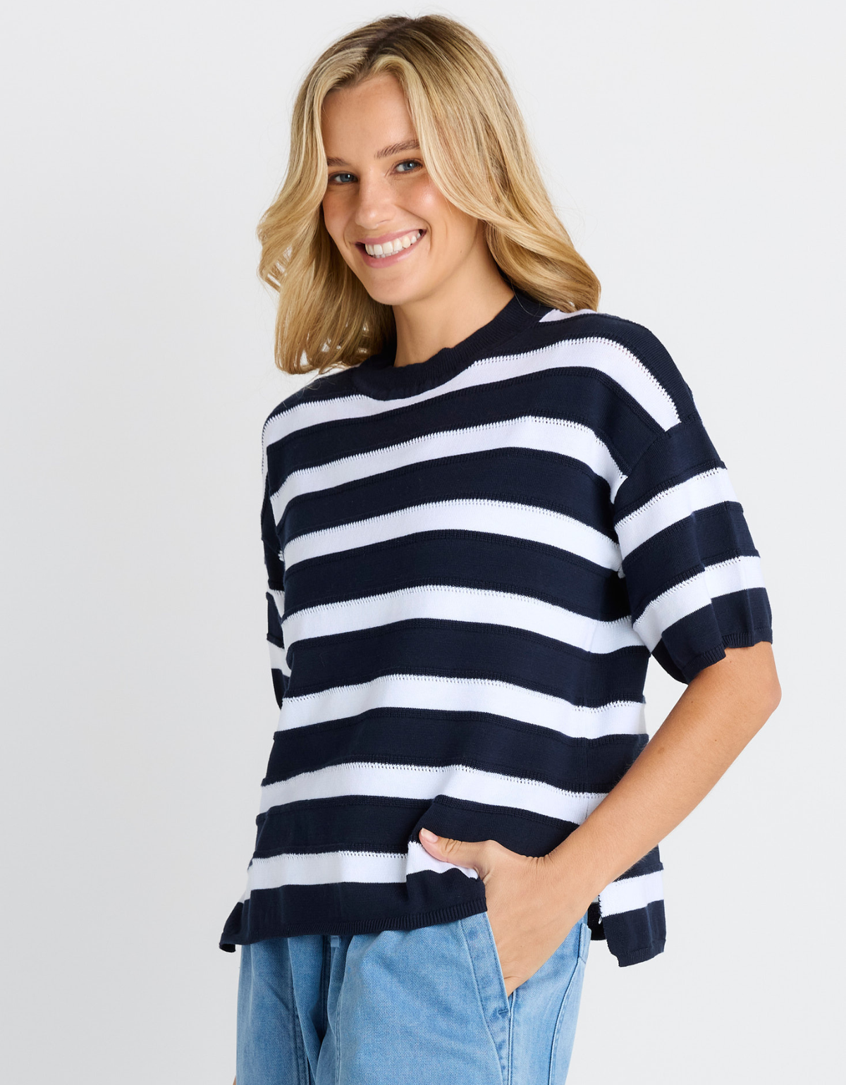 Betty Basics Libby Boxy Top in Navy Stripe – three-quarter front angle showing relaxed boxy silhouette and navy white stripe knit detail

