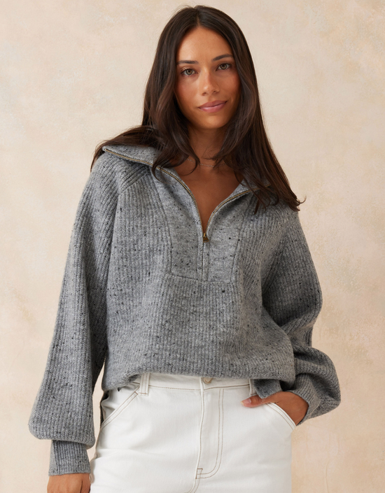 Slouchy Zip Knit-Mid Grey Nep