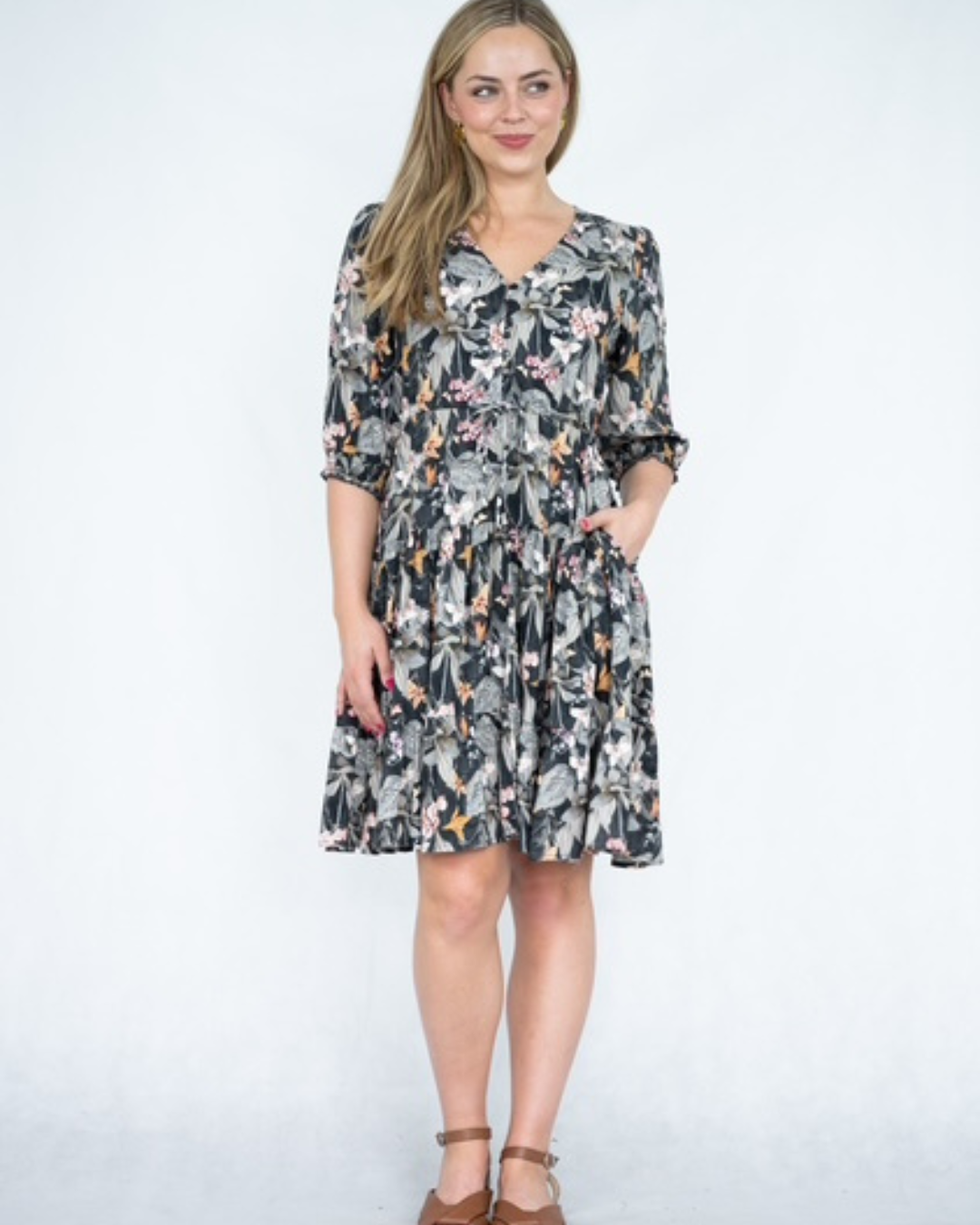 Selma Floral Mini Dress - Black front view
