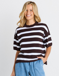 Betty Basics Libby Boxy Top in Chocolate Stripe – front view, model wearing relaxed boxy fit cotton knit top with chocolate and white stripes, paired with blue jeans
