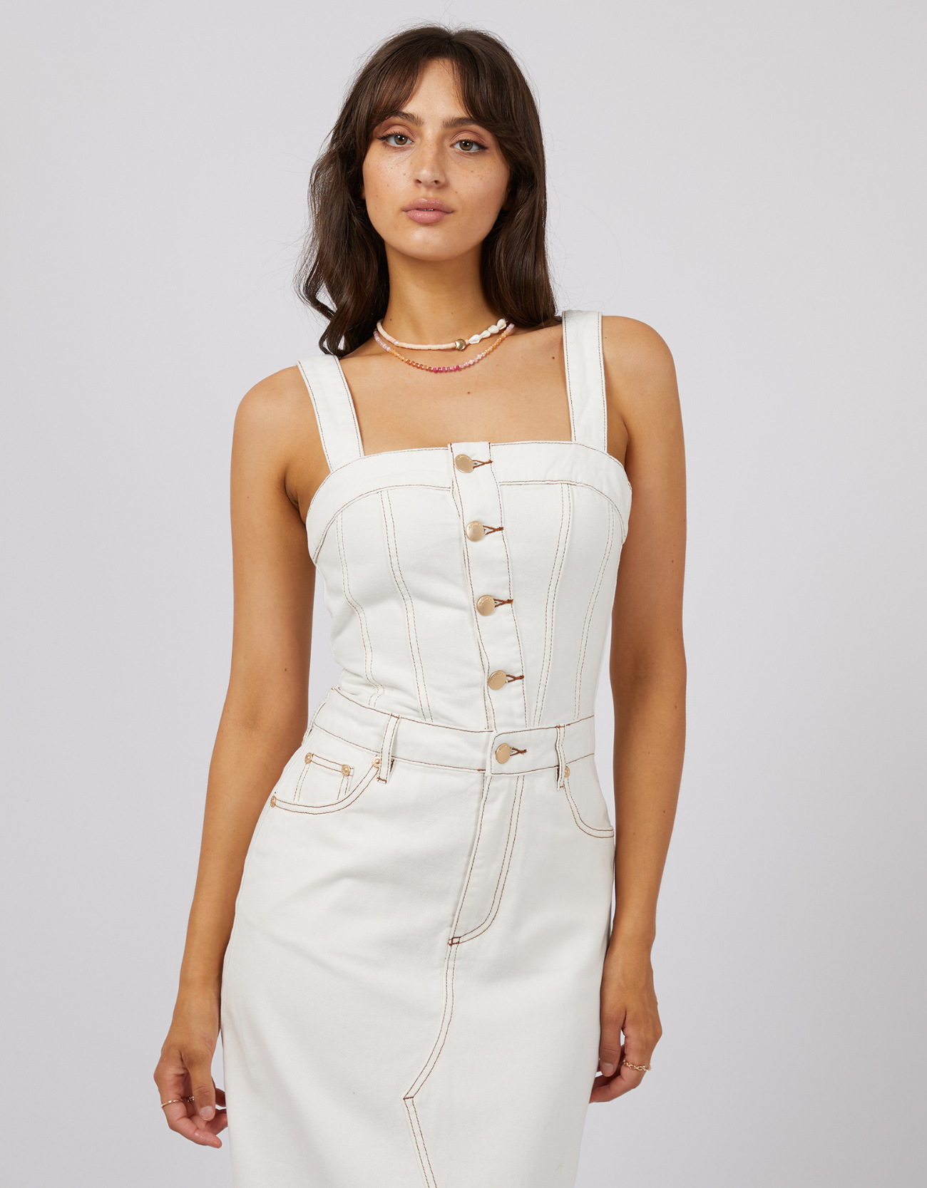 Coco Denim Dress - Vintage White. Bodice View.