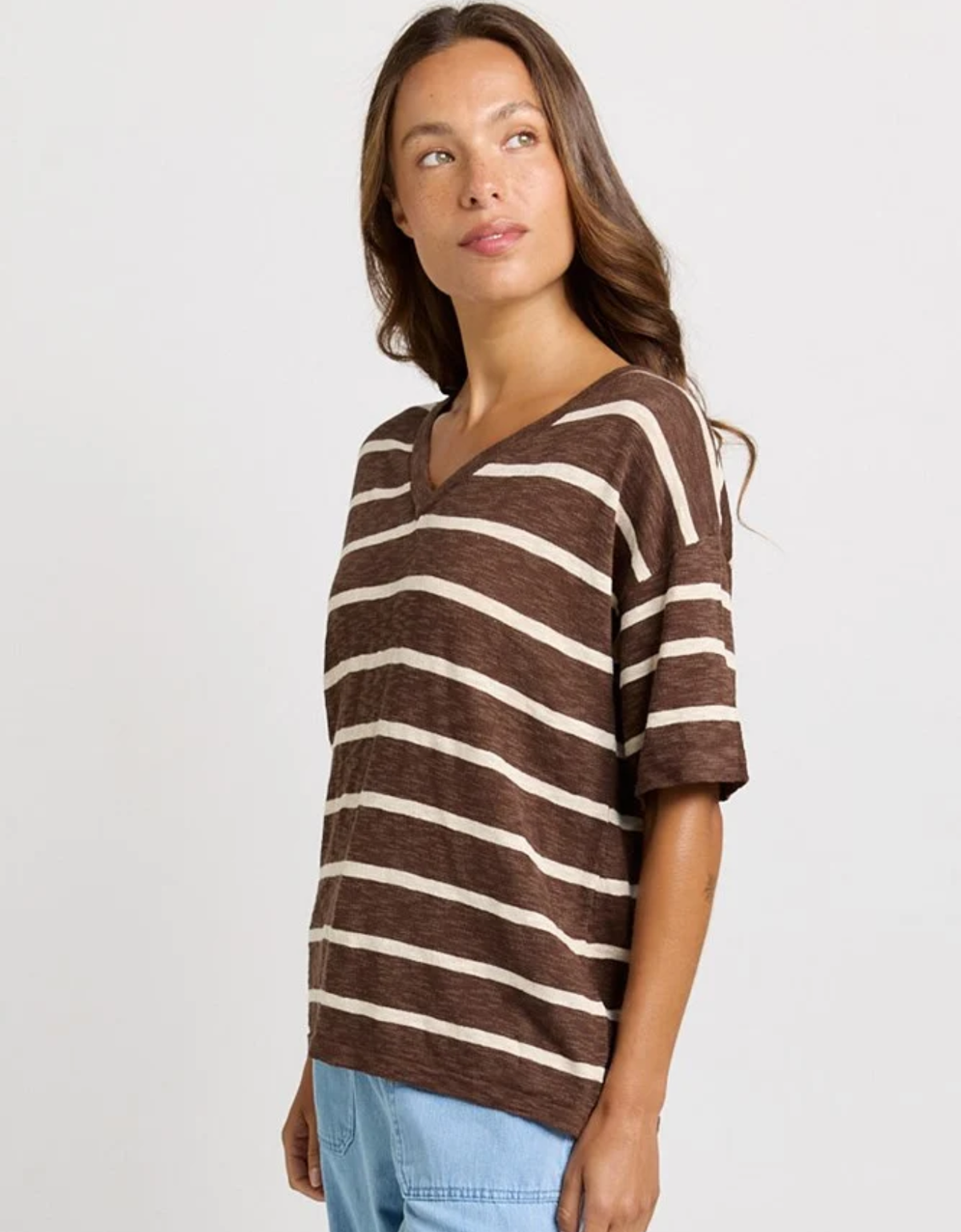 Betty Basics Aries V-Neck Knit Top in Chocolate with a flattering V neckline and elbow-length sleeves